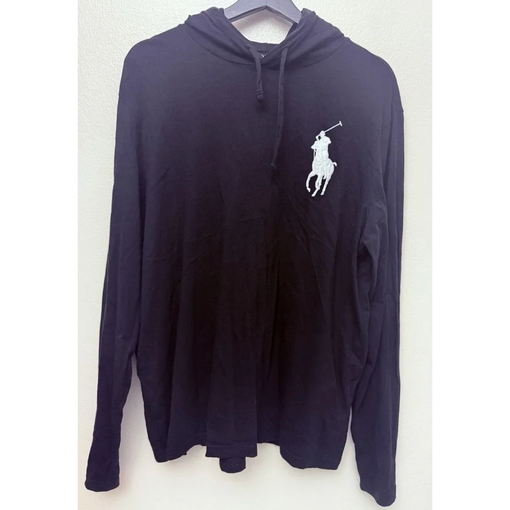 Polo Ralph Lauren Men's Black Big‎ Pony Logo Graphic Big Pony Hooded T-Shirt